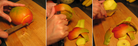 cutting skin off mango